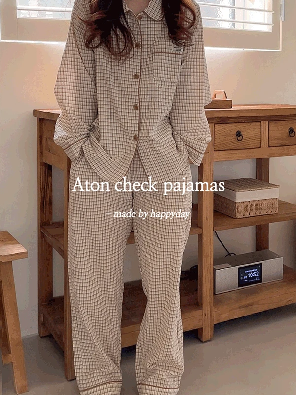 💕봄BEST🌷 H.made✔ 아톤 체크 지짐이 셔츠 카라 긴팔 봄 가을 잠옷 커플 파자마 세트 2color 직진배송