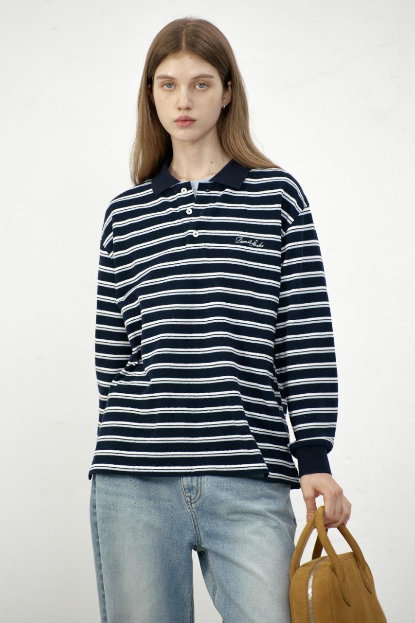 UNISEX MULTI STRIPE COLLARED T-SHIRT NAVY PIQUE STRIPE