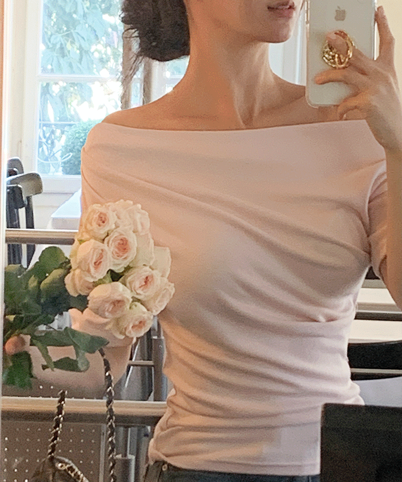 파스텔타임 🍑NEW 컬러추가🍑[MADE]프로필 셔링 오프숄더 tee(하객룩/데이트룩/데일리룩/소개팅룩)