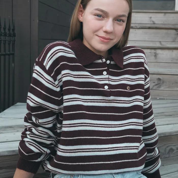 [1차: 10/20 예약발송] [29CM 단독] Collar Multi Stripe Knit Top - Burgundy