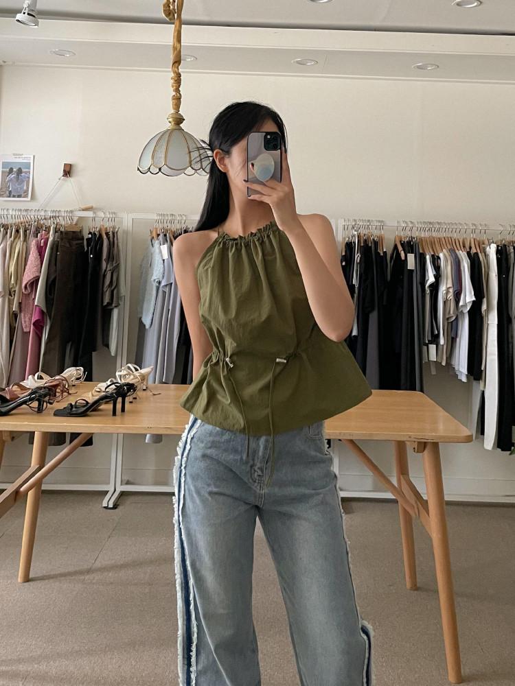 얼리 여리여리 스트링 플레어 홀터넥 블라우스 (3color)