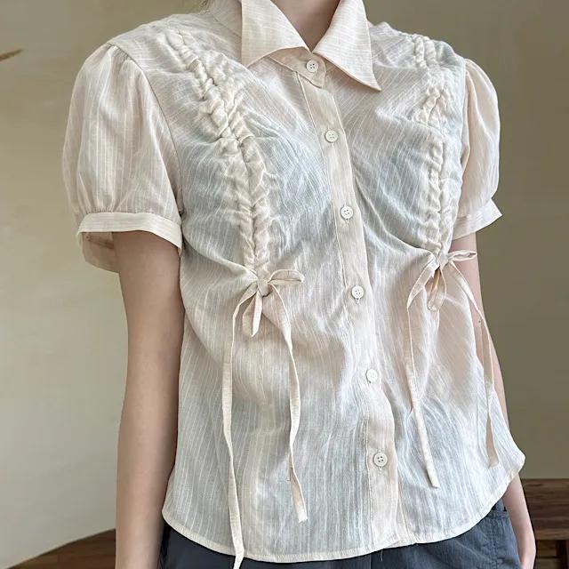 (신상/인기) 퍼프 셔링 리본 블라우스 2color