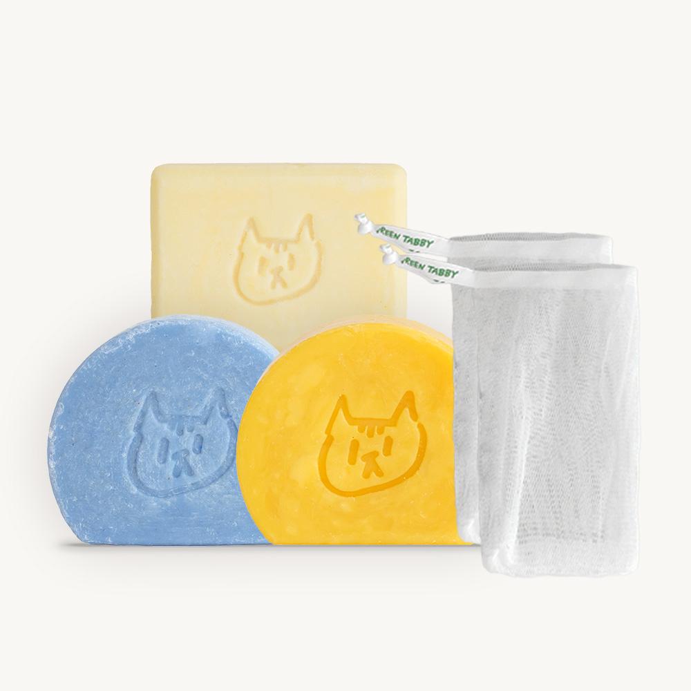 (올인원 샤워 세트) 블루 샴푸바1 개 + 트리트먼트바 1개 + 바디워시바 1개 + 비누망 2개