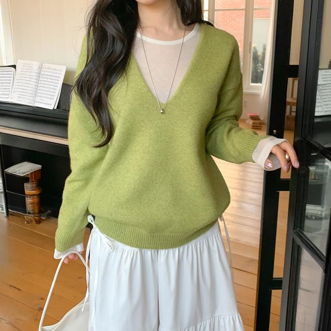 니썸 [브이넥니트/딥브이넥/브이넥/니트/울니트/레이어드니트/레이어드/데일리룩/출근룩][made]플러버딥브이니트 - 6color