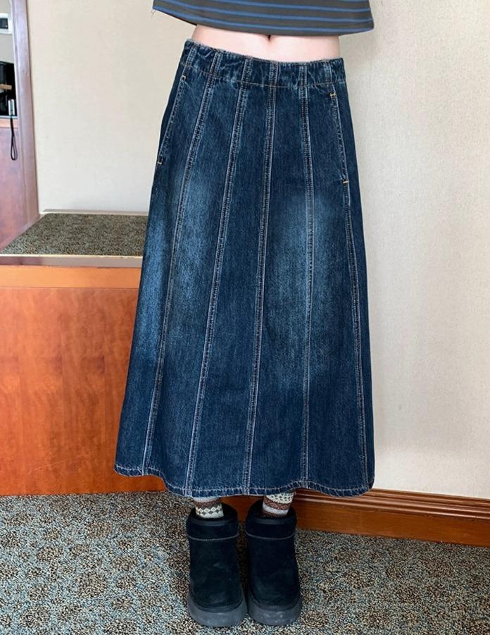 RAINY 패치워크 하이웨이스트 데님 미디 스커트 (워시드 블루)