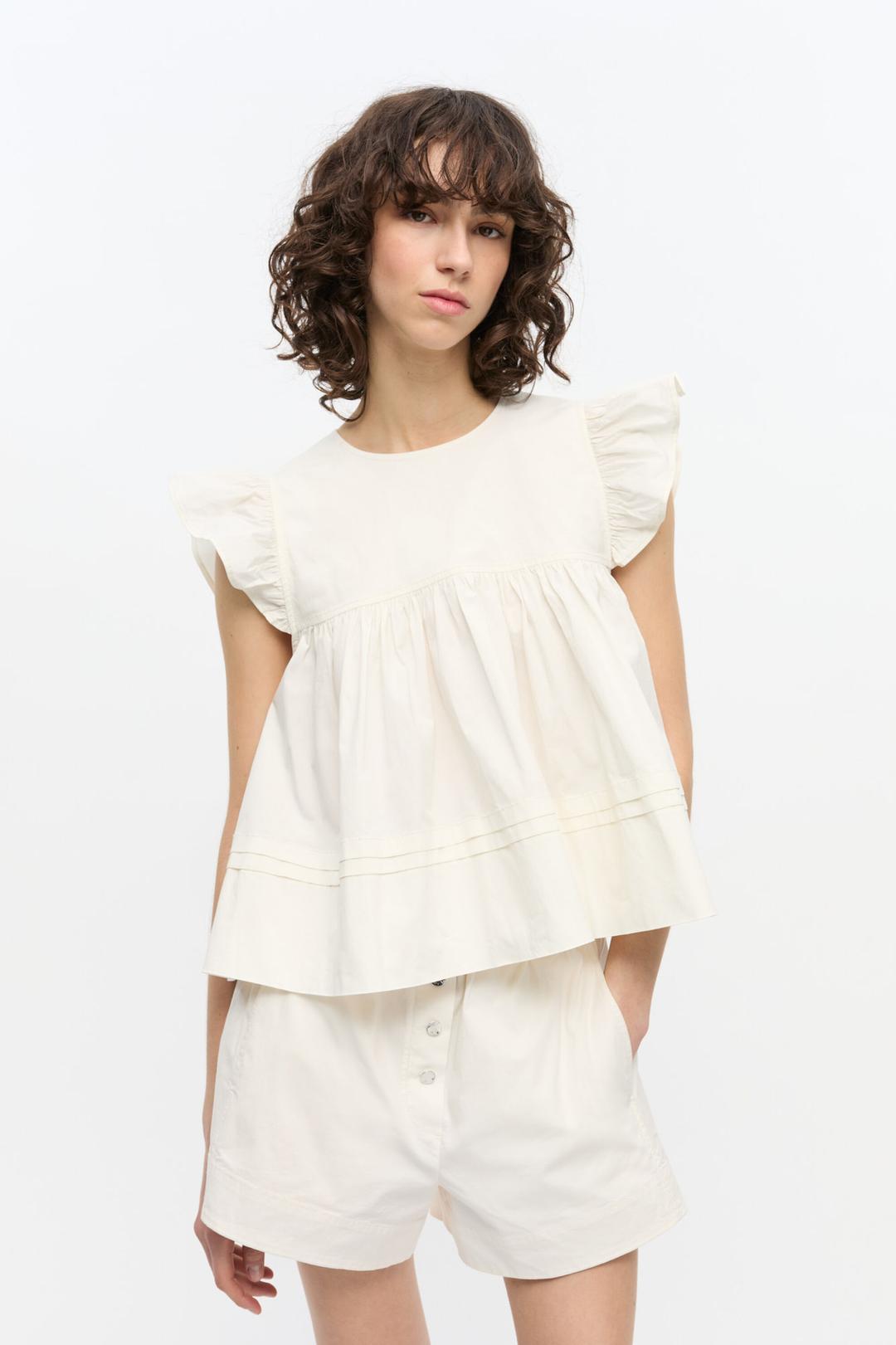 White Stretch Cotton Frill Sleeve Top