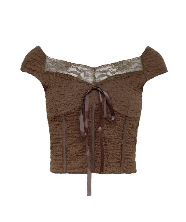 브라운 레이스 리본 탑
