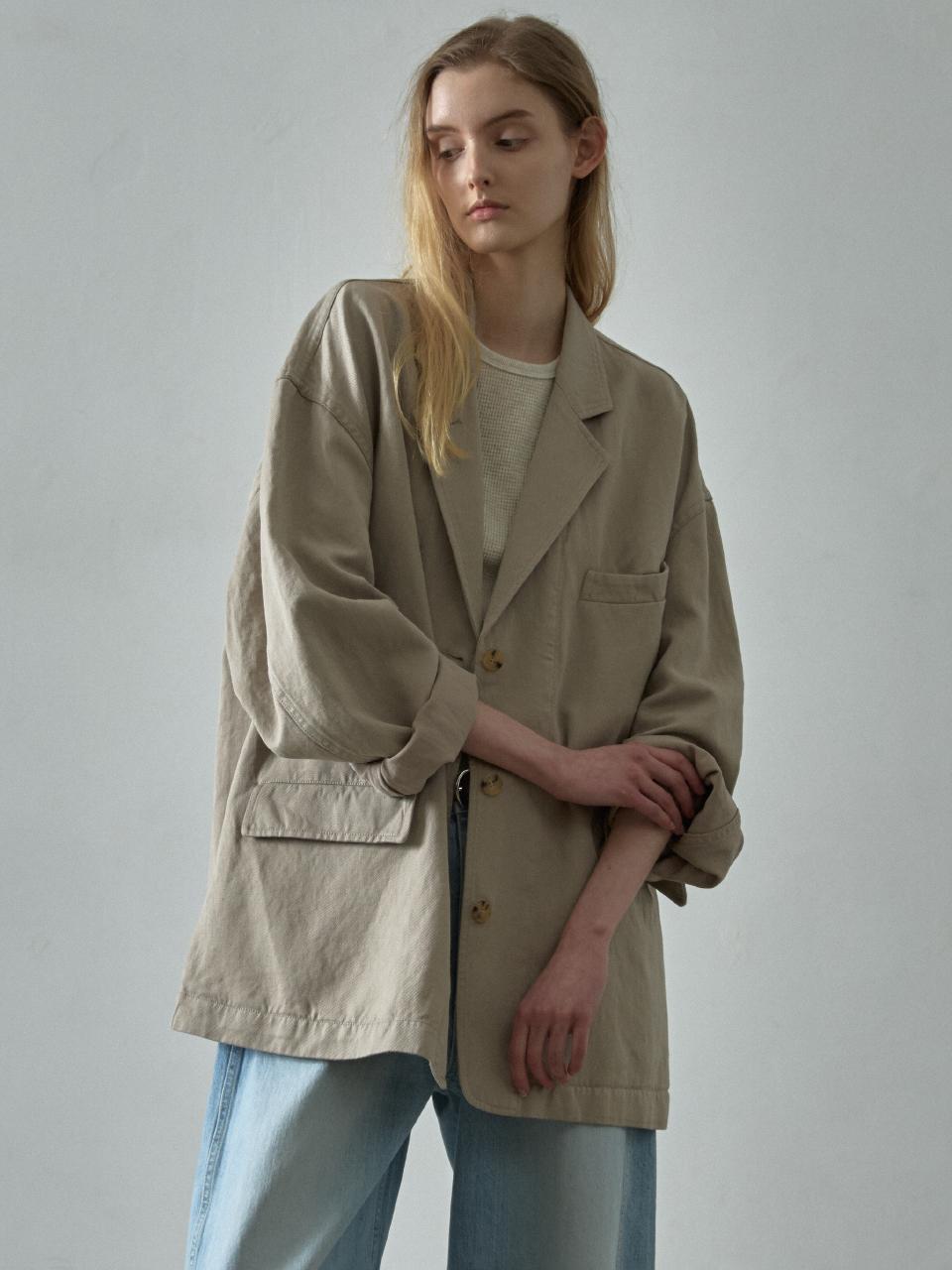 [4차 5/28예약배송] 린넨 커브드 슬리브 블레이저_olive beige