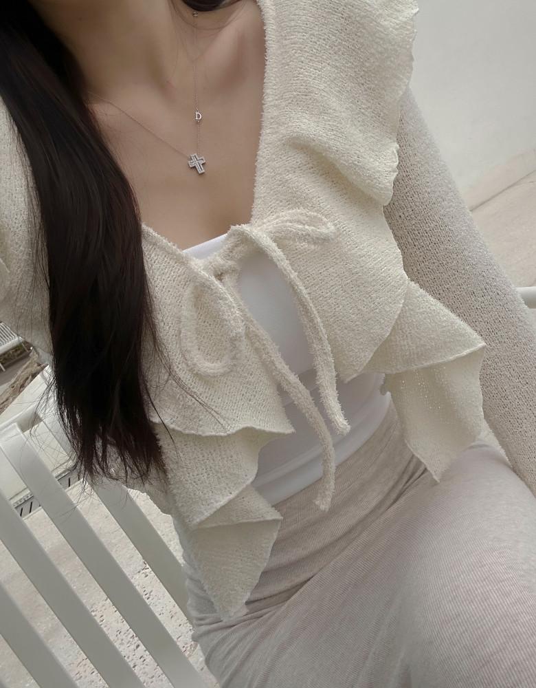 봄봄 크롭 프릴 리본 끈가디건