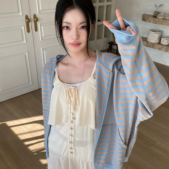 STRIPE COCOON HOODIE ZIP-UP_DUSTY BLUE