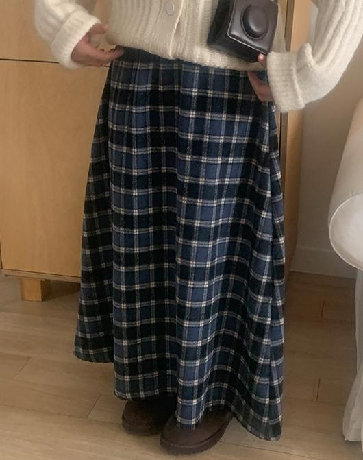 밀티 밴딩 헤어리 기모 체크 롱 스커트 (3color)