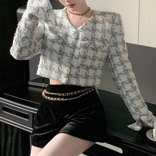 [가을신상/가을자켓/하객룩] 브이넥 노카라 체크 긴팔 크롭 자켓 가을신상 가을자켓 긴팔자켓 결혼식 하객룩 데이트룩 캠퍼스룩 여행룩 소풍룩 파티룩