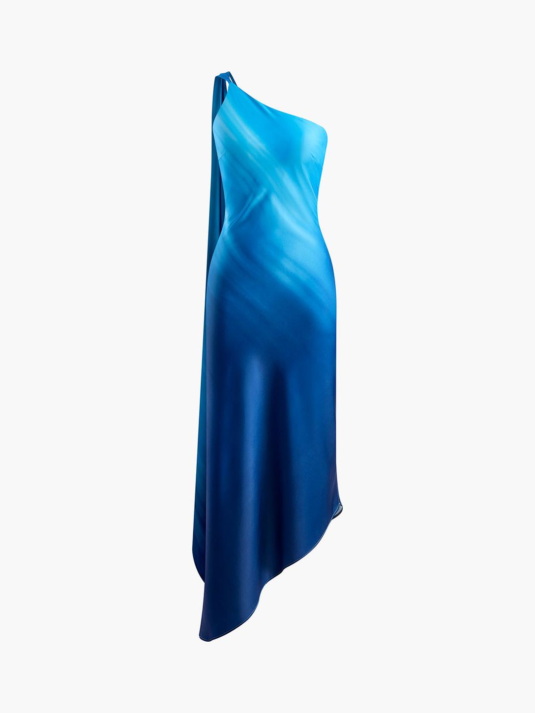 Asymmetrical One Shoulder Gradient Long Dress - Blue / XS