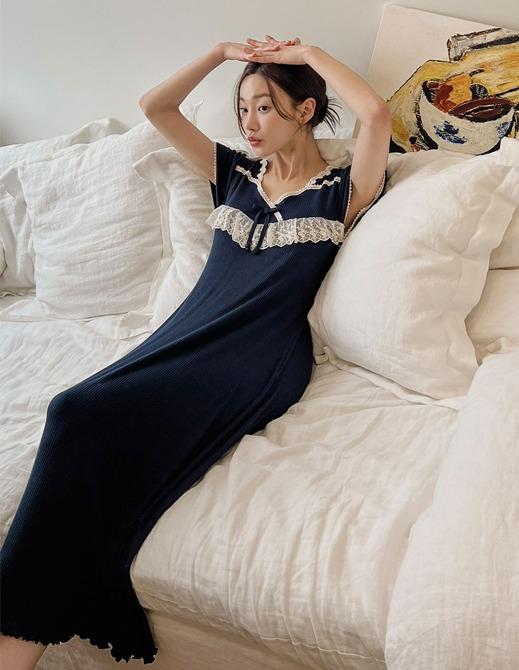 프레드 폴리스판 반소매 롱드레스 여성잠옷 2colors