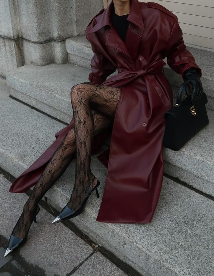 비건레더 벨티드 맥시 롱 트렌치코트