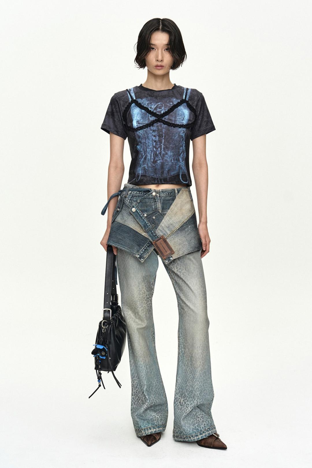 UPSIDE-DOWN PRINTED WRAP SKIRT apa915w(MID BLUE)