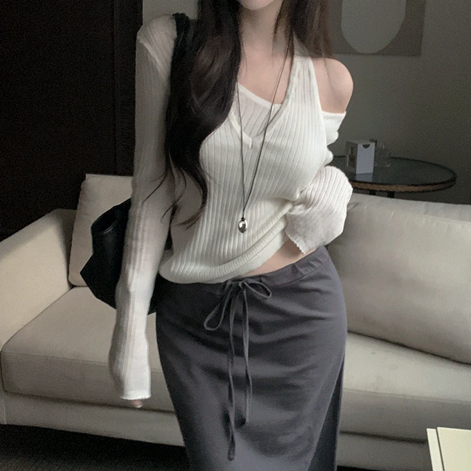 [봄신상] 하온 일체형 레이어드 홀터넥 골지 니트 -5 color