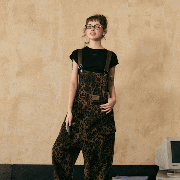 American retro high street leopard print denim overalls