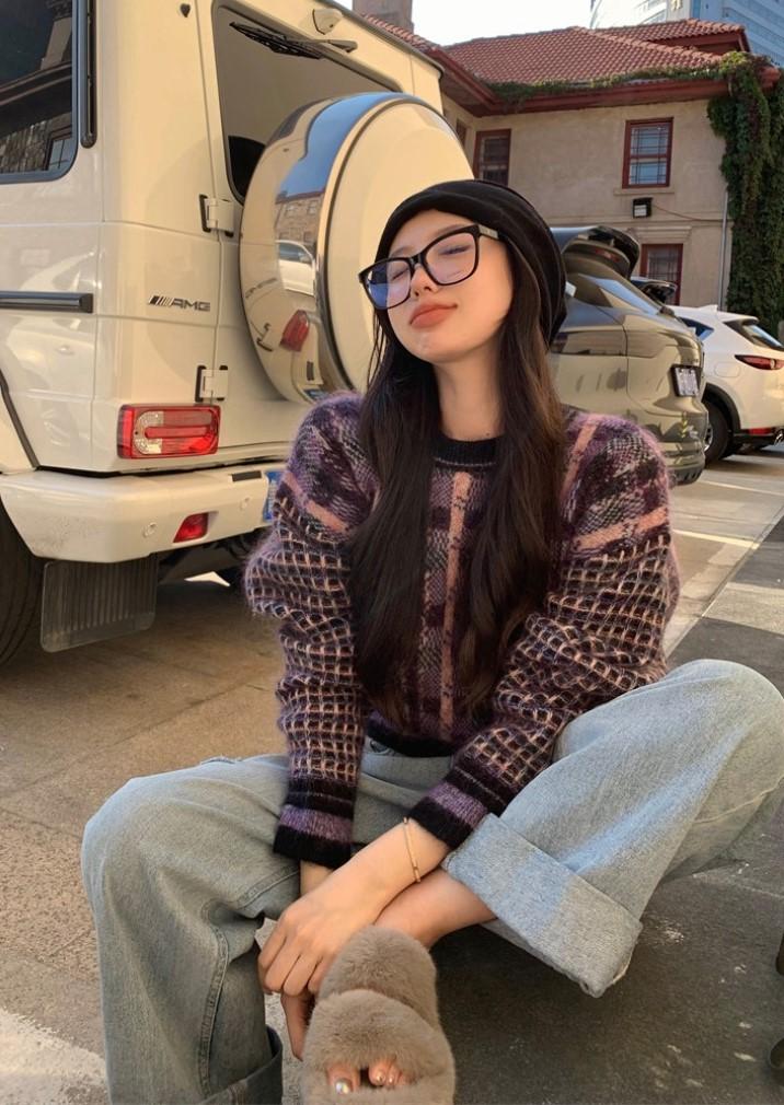 럽빈 체크 배색 라운드넥 버튼 캐주얼 데일리 긴팔 니트 숏 크롭 가디건