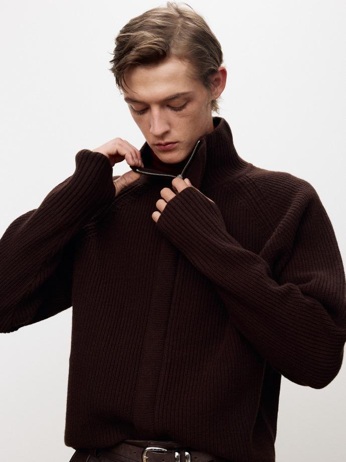 SUPER FINE MERINO WOOL PLACKET ZIP-UP KNIT_ DARK BROWN
