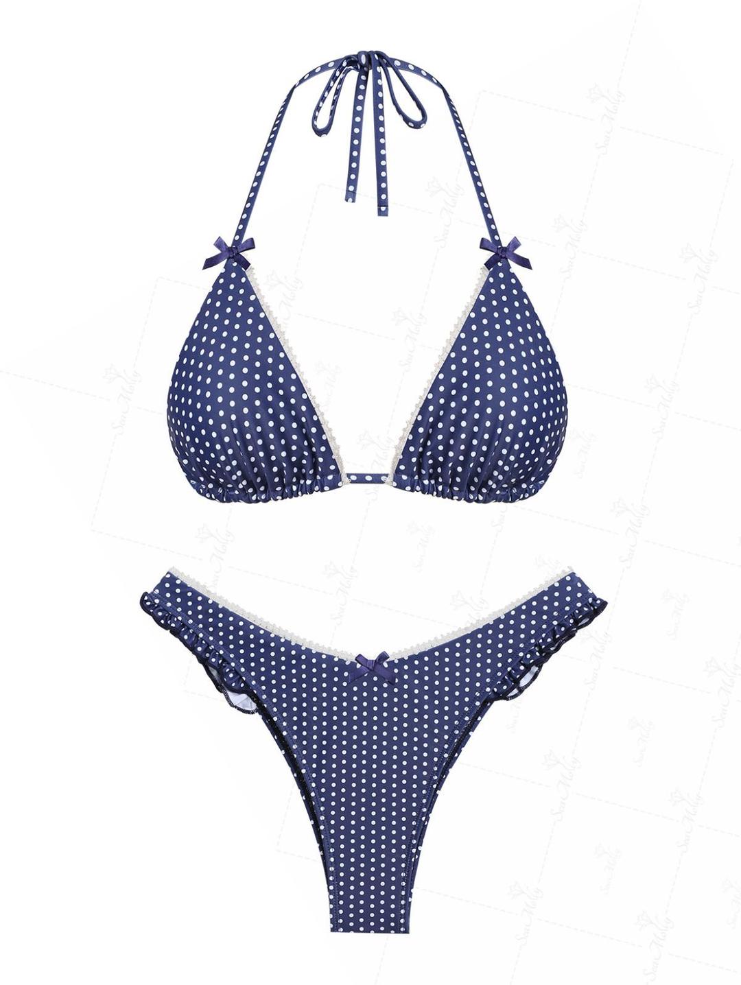 Seamolly 폴카 도트 레이스 트림 프릴 리본 매듭 장식 홀터 타이 트라이앵글 비키니 세트