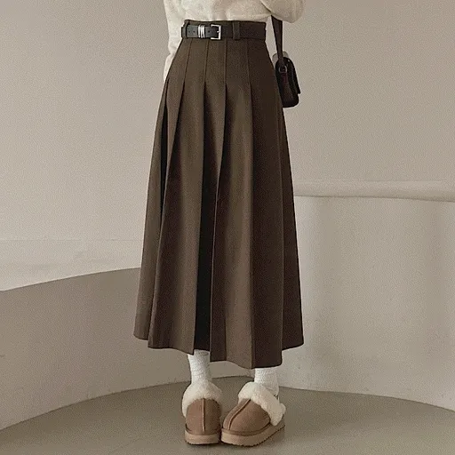[청순한분위기~/벨트set] 모직 플리츠 플레어 A라인 주름 롱스커트 3color