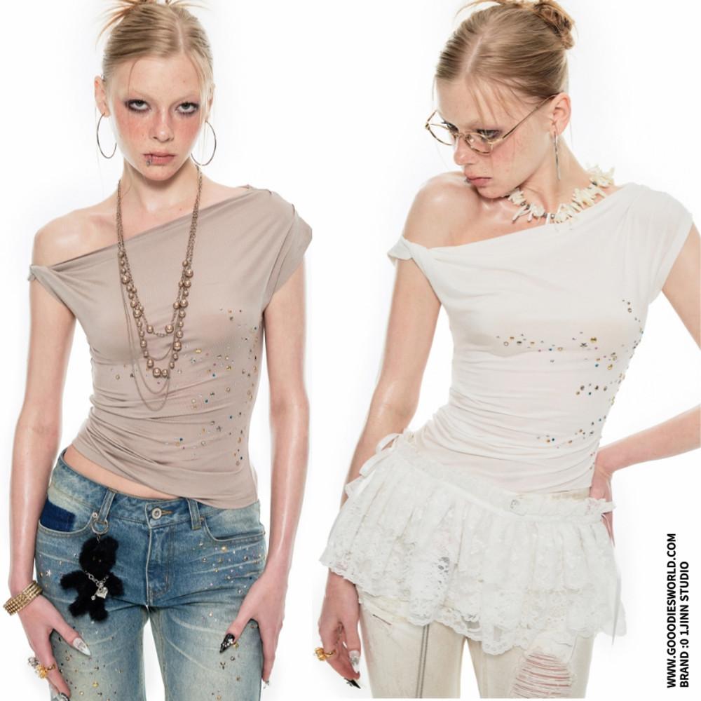 1JINN STUDIO 원진스튜디오 티셔츠 원숄더 오프숄더 플리츠 슬림 크롭탑