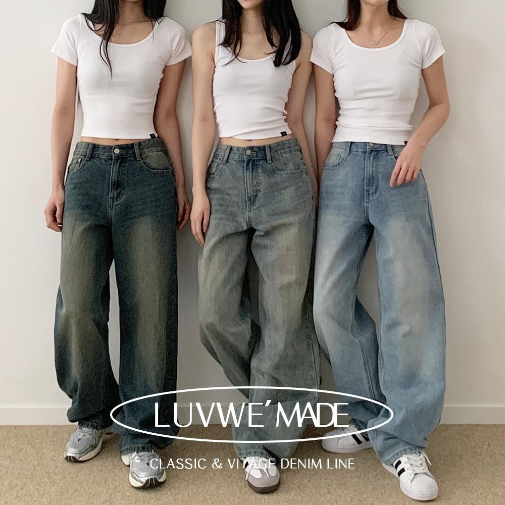 키키러브 [단독] 🌟2만장돌파/후기인증🏆[MADE/사계절데님👖] 매일 입는, 탄탄 코튼 베일 빈티지 워싱 오버핏 롱 와이드 데님 팬츠 청바지 (3color)