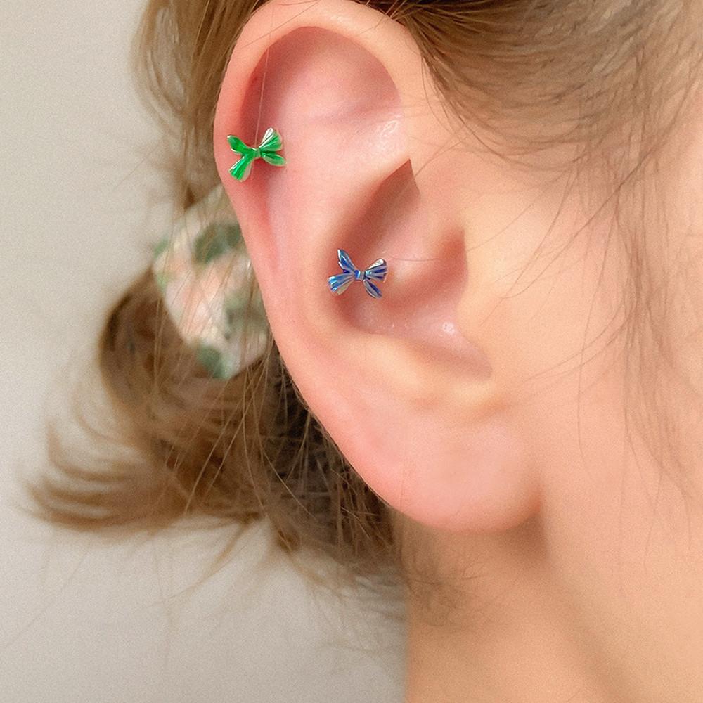(실버925) 2color 귓바퀴 이너컨츠 블루,그린 빈티지 컬러 리본 피어싱