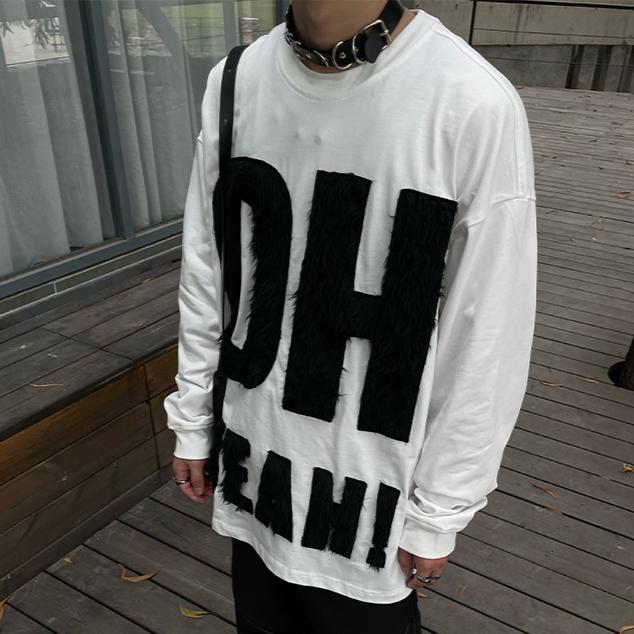 TZ killer 티셔츠 OH YEAH 라운드넥 퍼 레터링 루즈핏 긴팔티