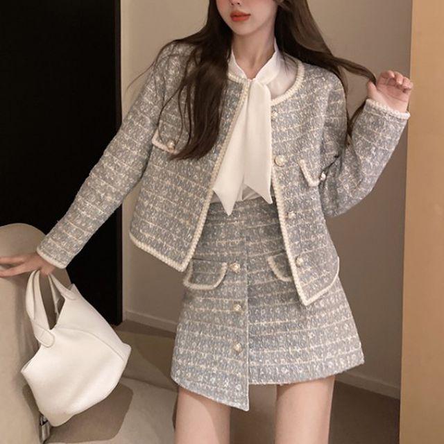 [set/하객룩/2color]드레이 트위드 자켓 미니 스커트 세트