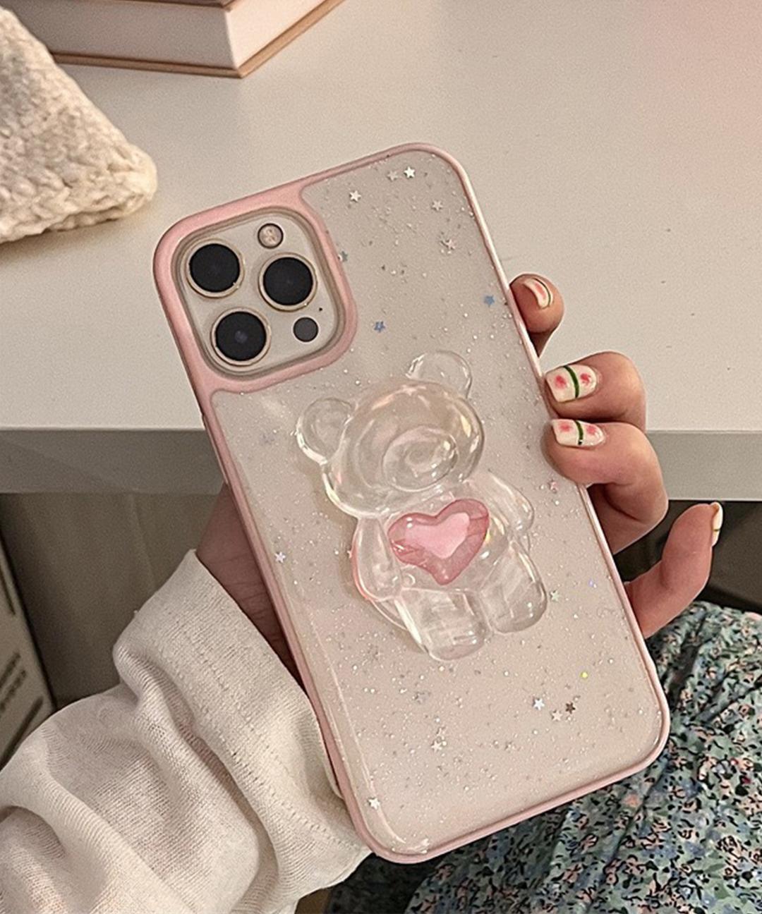 핑크 하트 심장 곰돌이 그립톡 아이폰 투명 범퍼 실리콘 젤리 글리터 핸드폰 휴대폰 애플 폰 우정 선물 친구 귀여운 케이스 아이폰케이스 X 11 프로 12 미니 13 14 프로맥스