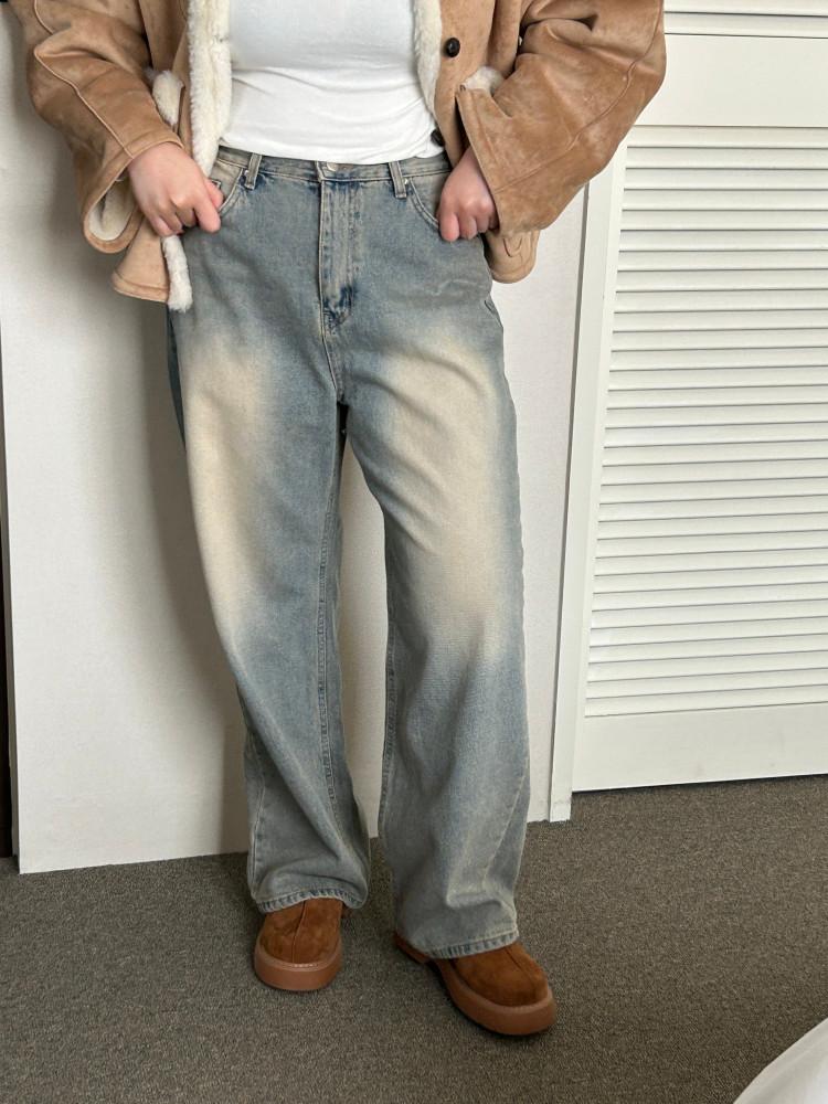 윈드 애쉬 빈티지 연청 워싱 일자 와이드 데님 팬츠