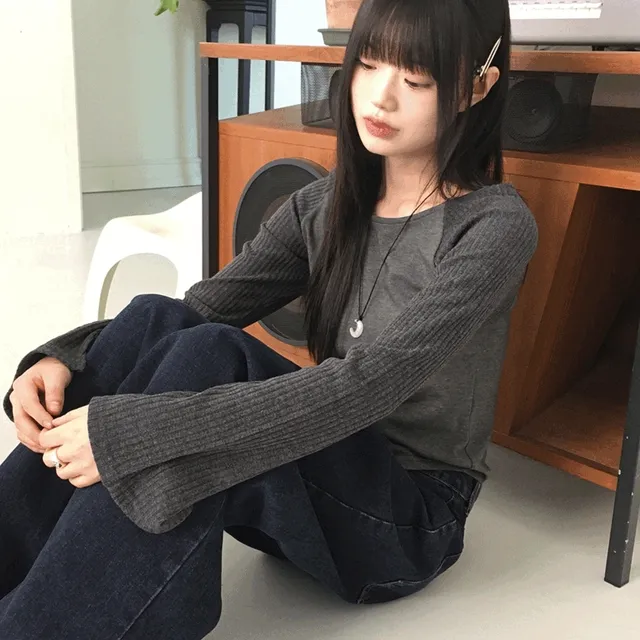 티워 골지 배색 래글런 긴팔 티셔츠