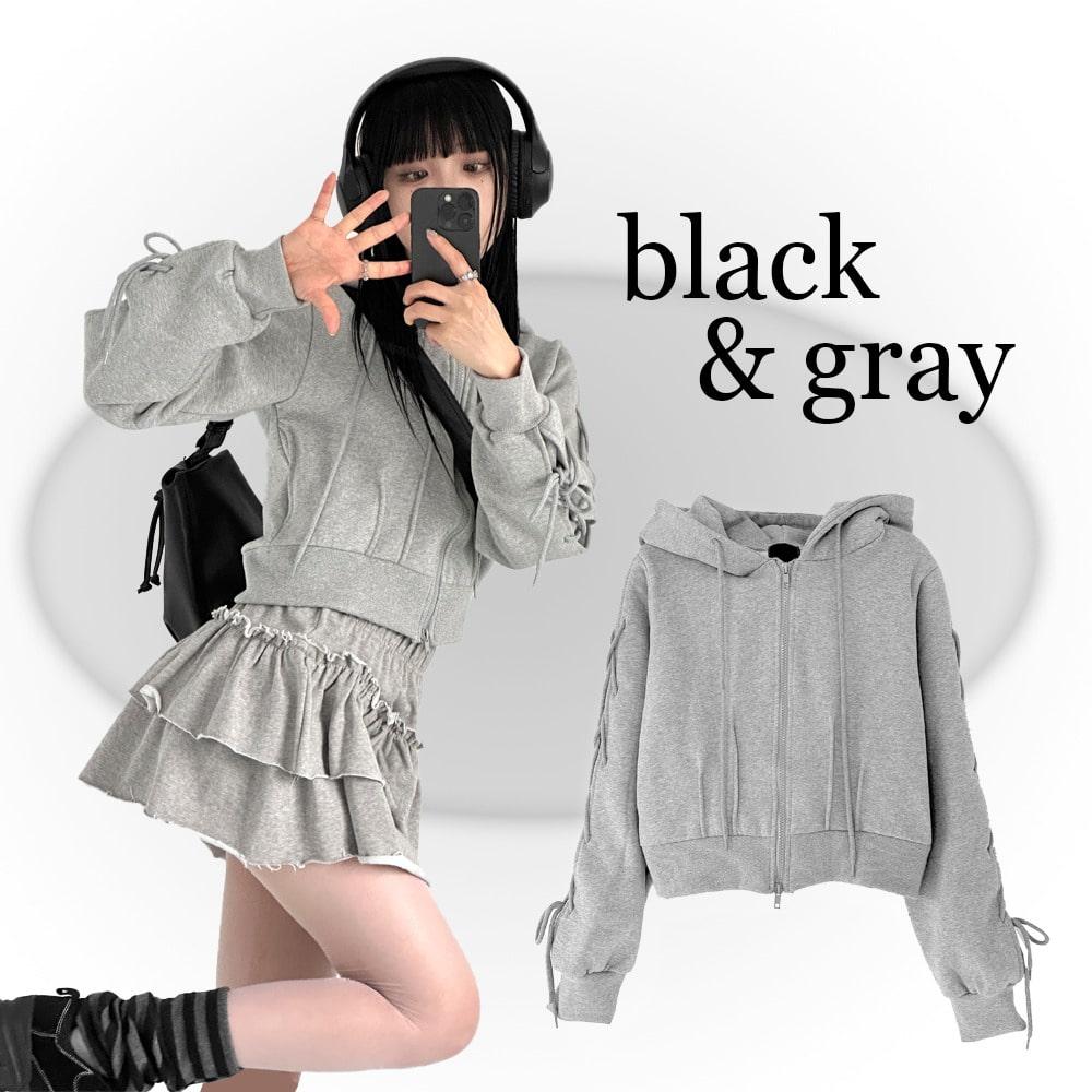 발레코어 코르셋 리본소매 기모안감 크롭 미니 후드집업