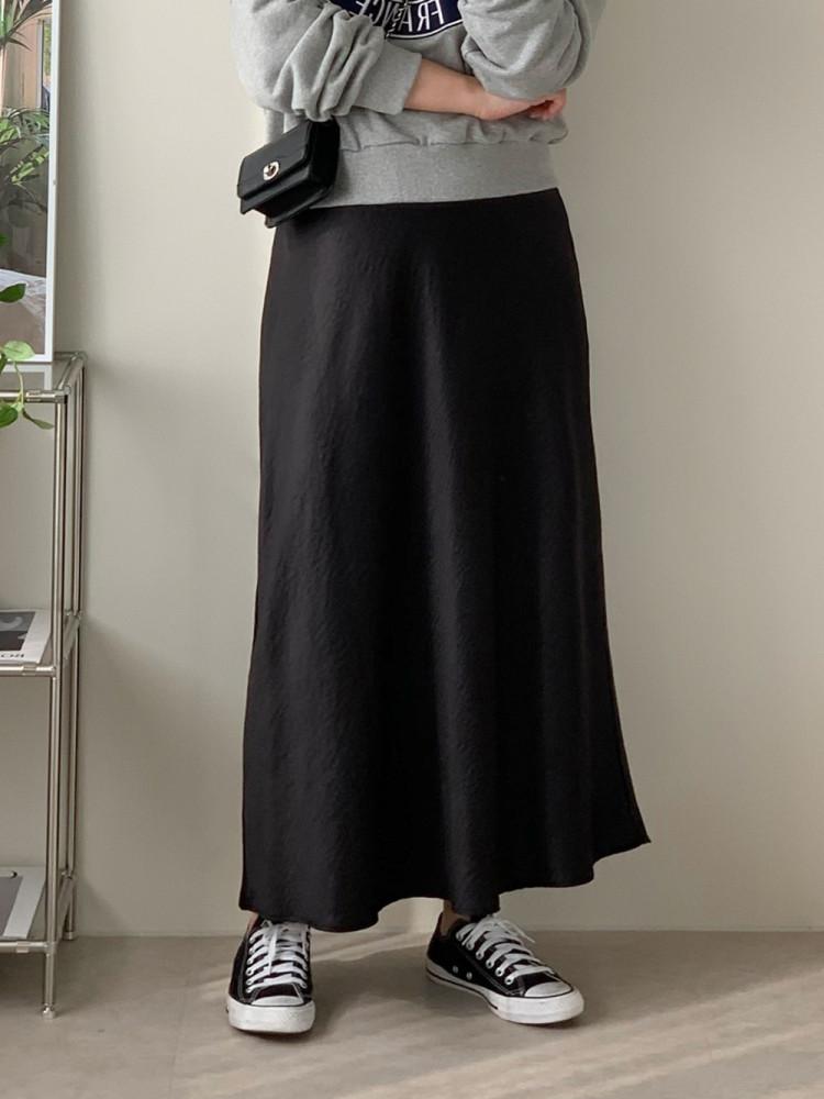 오엔 링클 새틴 밴딩 롱 스커트 무광 실크 치마 66 77 사이즈