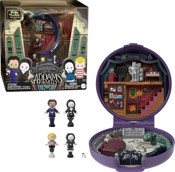 Polly Pocket Collector Playset, The Addams Family Compact 스페셜 에디션 캐릭터 인형 4개와 액세서리 10개 포함
