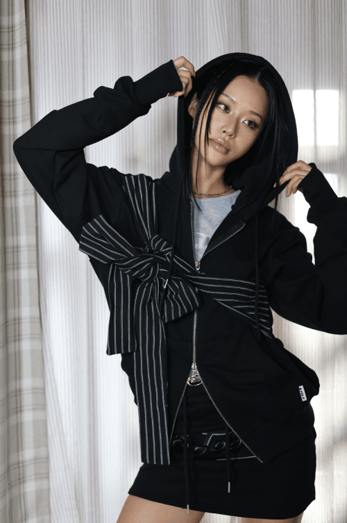 2way ribbon stripe hood warmer zip_black