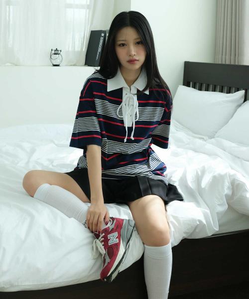 피케 스트라이프 티셔츠 다크네이비 AW5XE43724