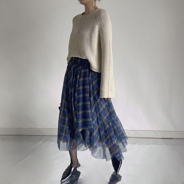 쉬폰 체크 언발 샤스커트 A라인 플레어스커트 가을 발레코어룩 롱스커트
