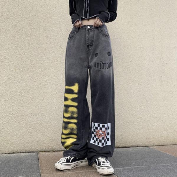 레터링 그래피티 프린팅 그라데이션 와이드 데님 팬츠 (4126)