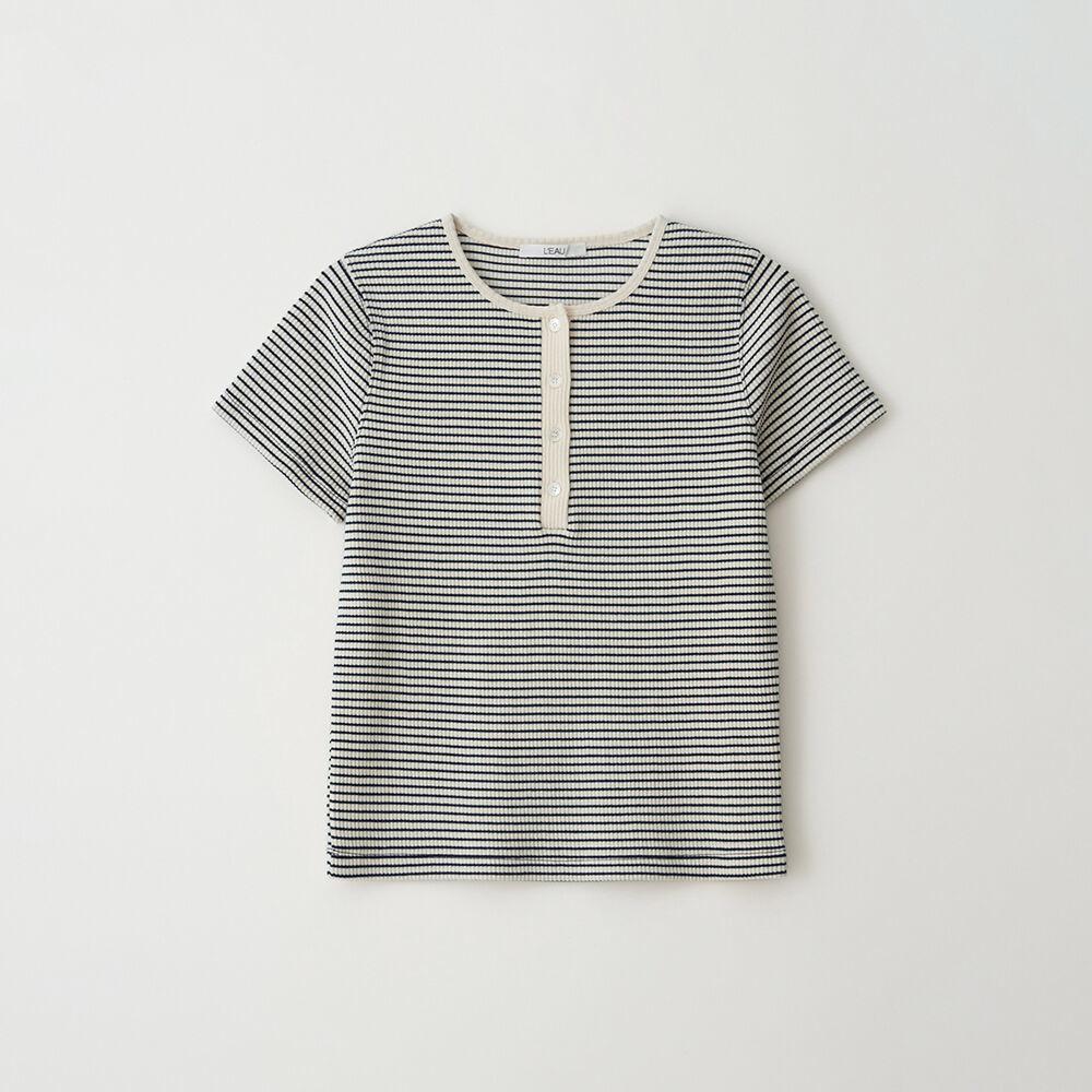 Ribbed button tee_ivory/navy stripe
