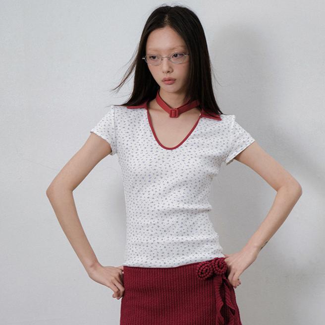 LVETONG 복고풍 브이넥 카라 꽃무늬 슬림 반팔티 초커세트