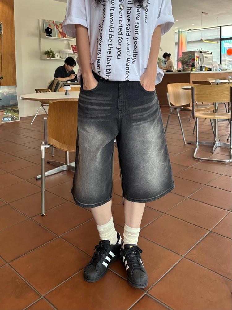 캣 워싱 와이드 버뮤다 데님팬츠