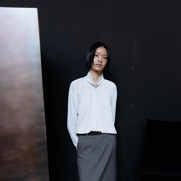 Tailored wool long skirt (melange gray / ash brown)