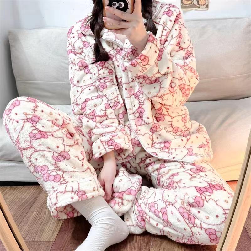 산리오 핑크 헬로키티 패턴 수면잠옷 여자 여름 털잠옷 겨울 여성 홈웨어