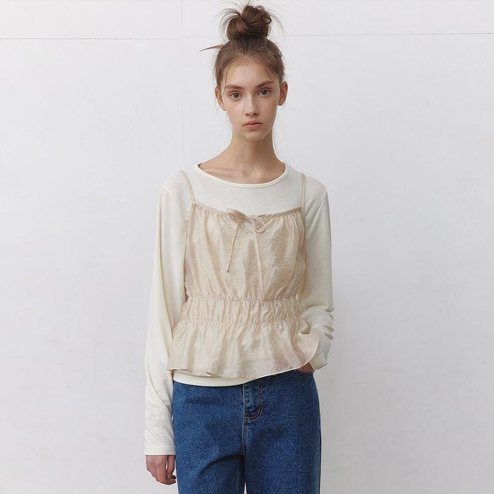 SMOKE BUSTIER LAYERED TSHIRT_BEIGE