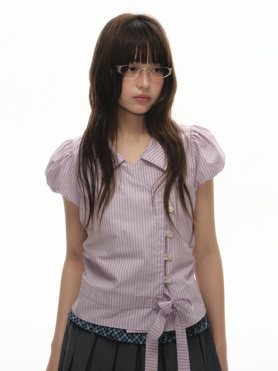 [클리어런스 50% SALE] LOLOL Slanted Placket Strap Puff Shirt / PURPLE / L