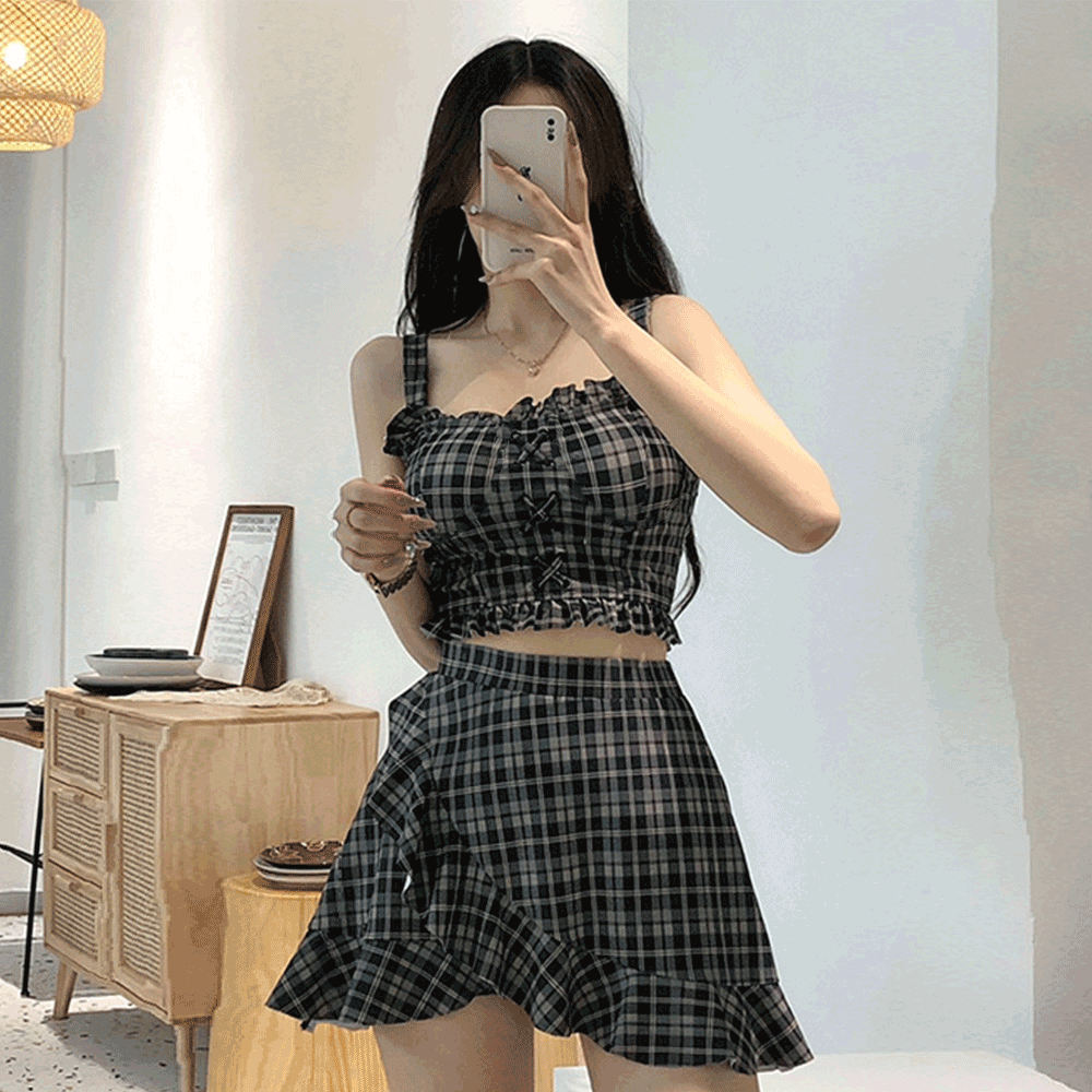 메이리앤 [💖하비강추/볼륨업/체형커버💖] 비바브라운 체크 비키니 투피스 수영복 비키니 (모노키니/수영복/호텔/바캉스/워터파크)