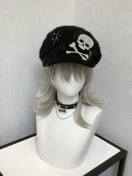 [$12.83]Black Skeleton Cross Knitted Beret